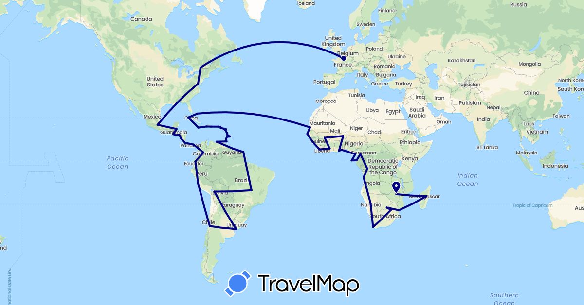 TravelMap itinerary: driving in Antigua and Barbuda, Angola, Argentina, Barbados, Bolivia, Brazil, Bahamas, Botswana, Belize, Canada, Democratic Republic of the Congo, Côte d'Ivoire, Chile, Cameroon, Colombia, Costa Rica, Cuba, Dominica, Dominican Republic, Ecuador, France, Gabon, Grenada, Ghana, Guinea, Equatorial Guinea, Guatemala, Guinea-Bissau, Guyana, Honduras, Haiti, Jamaica, Saint Kitts and Nevis, Saint Lucia, Liberia, Madagascar, Mali, Mauritania, Montserrat, Mexico, Mozambique, Namibia, Niger, Nicaragua, Panama, Peru, Senegal, Suriname, São Tomé and Príncipe, El Salvador, Togo, Trinidad and Tobago, United States, Uruguay, Saint Vincent and the Grenadines, Venezuela, South Africa, Zimbabwe (Africa, Europe, North America, South America)